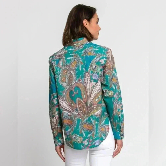 Hinson Wu Gemma Long Sleeve Teal Paisley Print Shirt Size S NWT - Picture 2 of 13